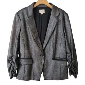 eci New York Gray Silver Blazer Jacket  Ruched Sleeve Collared Metallic Sz XL